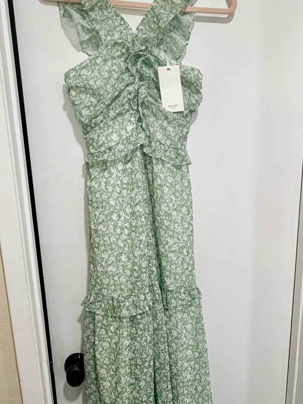 Grace Karin Light Green Floral Ruffle Maxi Dress